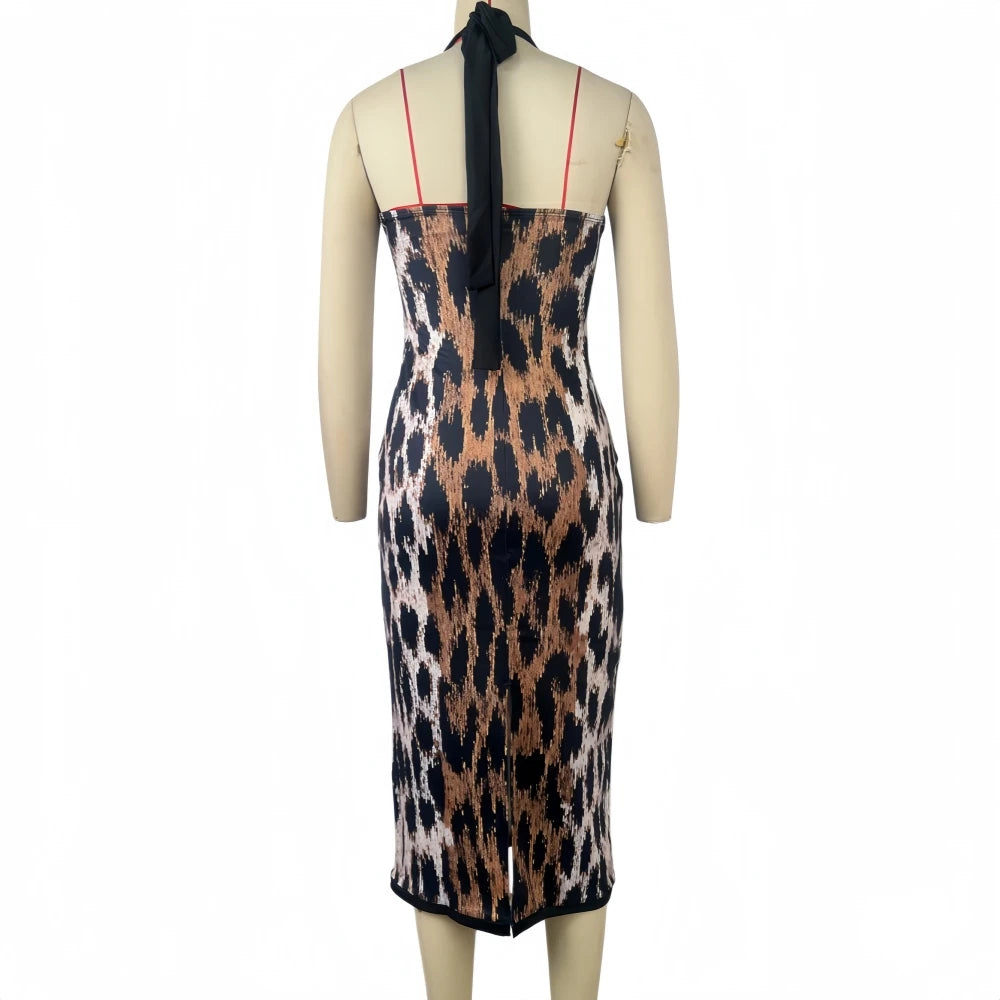 Leopard Print V-Neck Bodycon Midi Dress