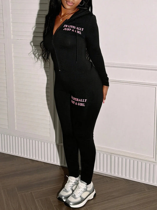 Just a Girl Print Hooded Two-Piece Set
