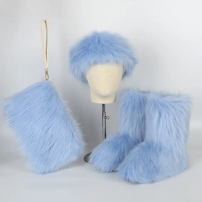 Fox Fur Snow Boots Headband and Handbag Set