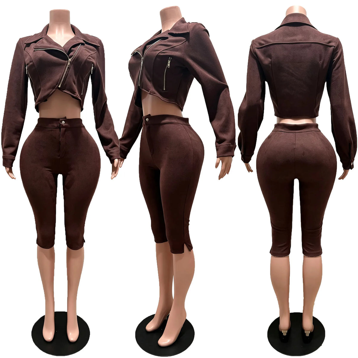 Suede Zip Crop Jacket and Capri Pants Set