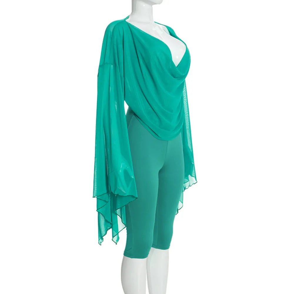 Mesh V-Neck Flare Sleeve Two-piece Set