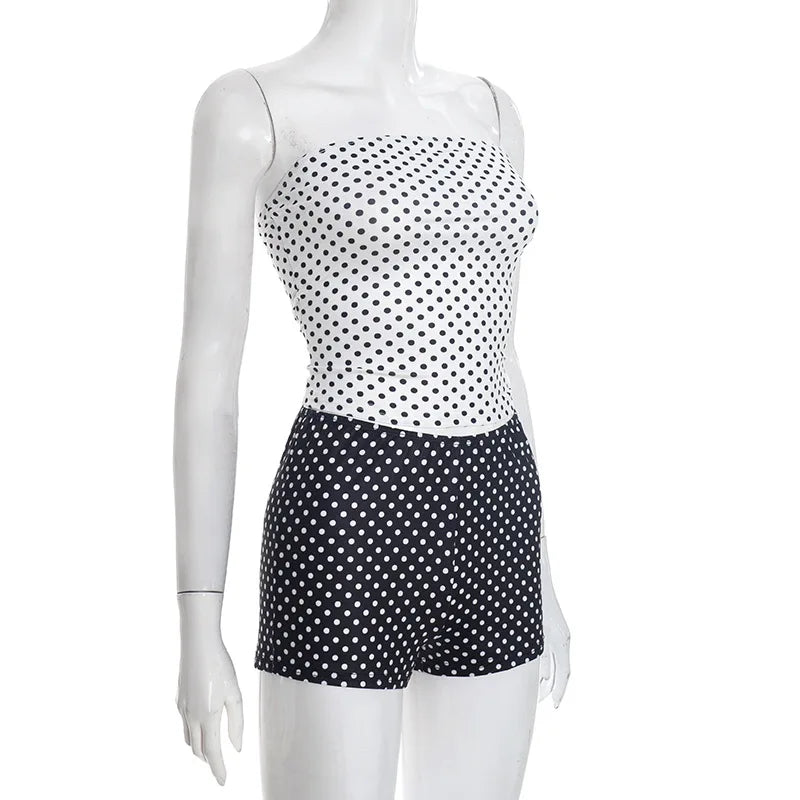 Polka Dot Print Backless Crop Top and Shorts Set