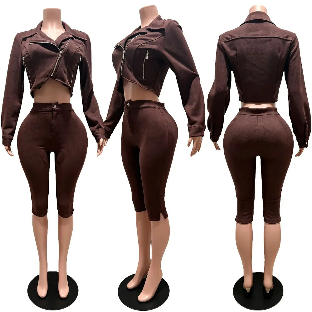 Suede Zip Crop Jacket and Capri Pants Set