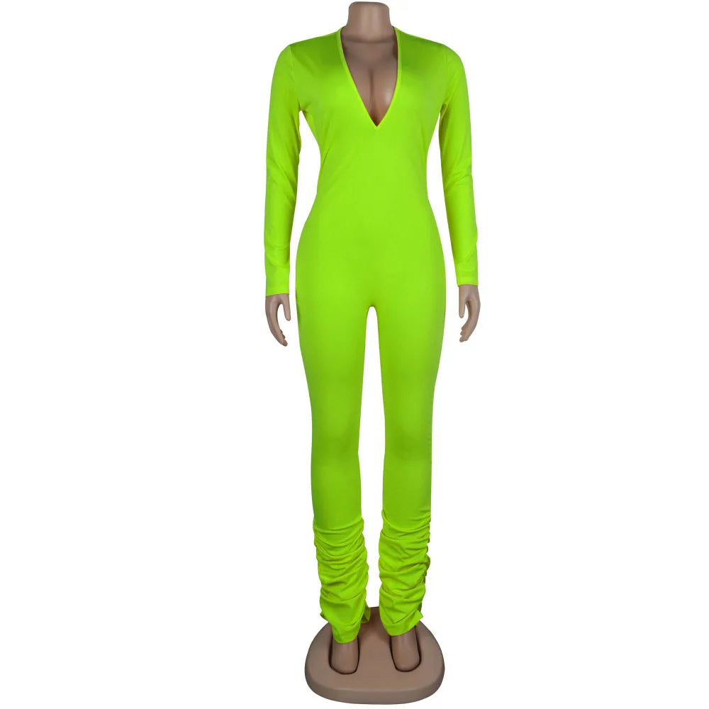 Deep V-Neck Bodycon Ruched Stacked Jumpsuit