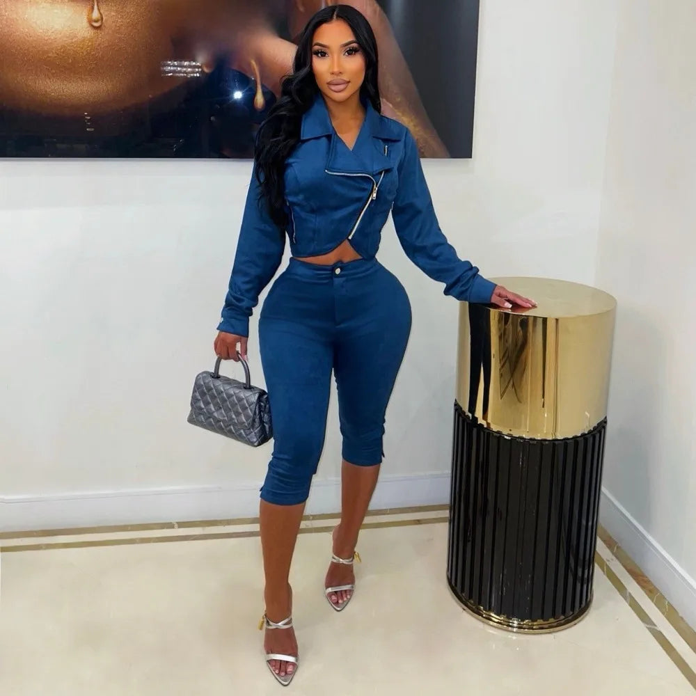 Suede Zip Crop Jacket and Capri Pants Set