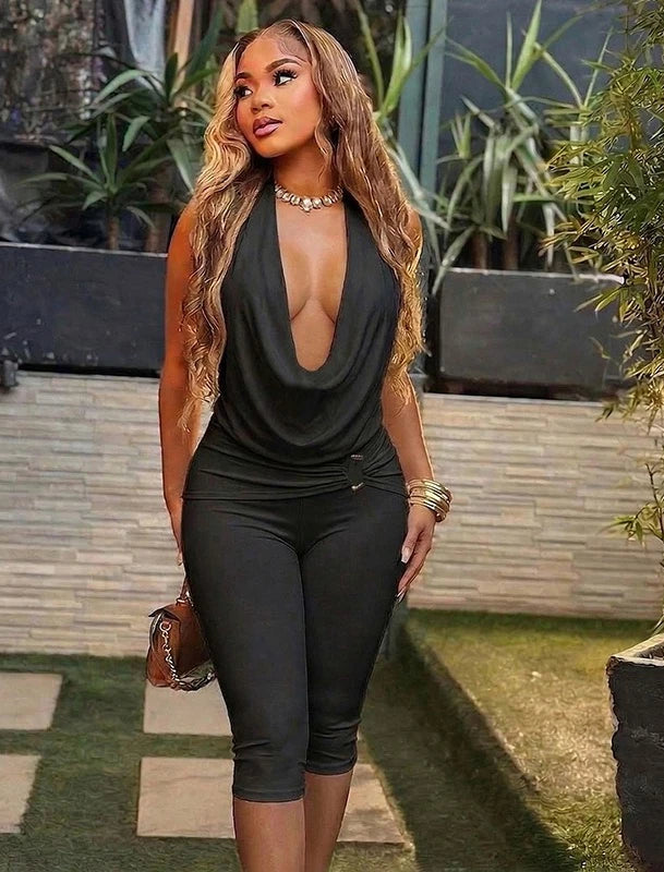 Print V-Neck Halter Two-Piece Set