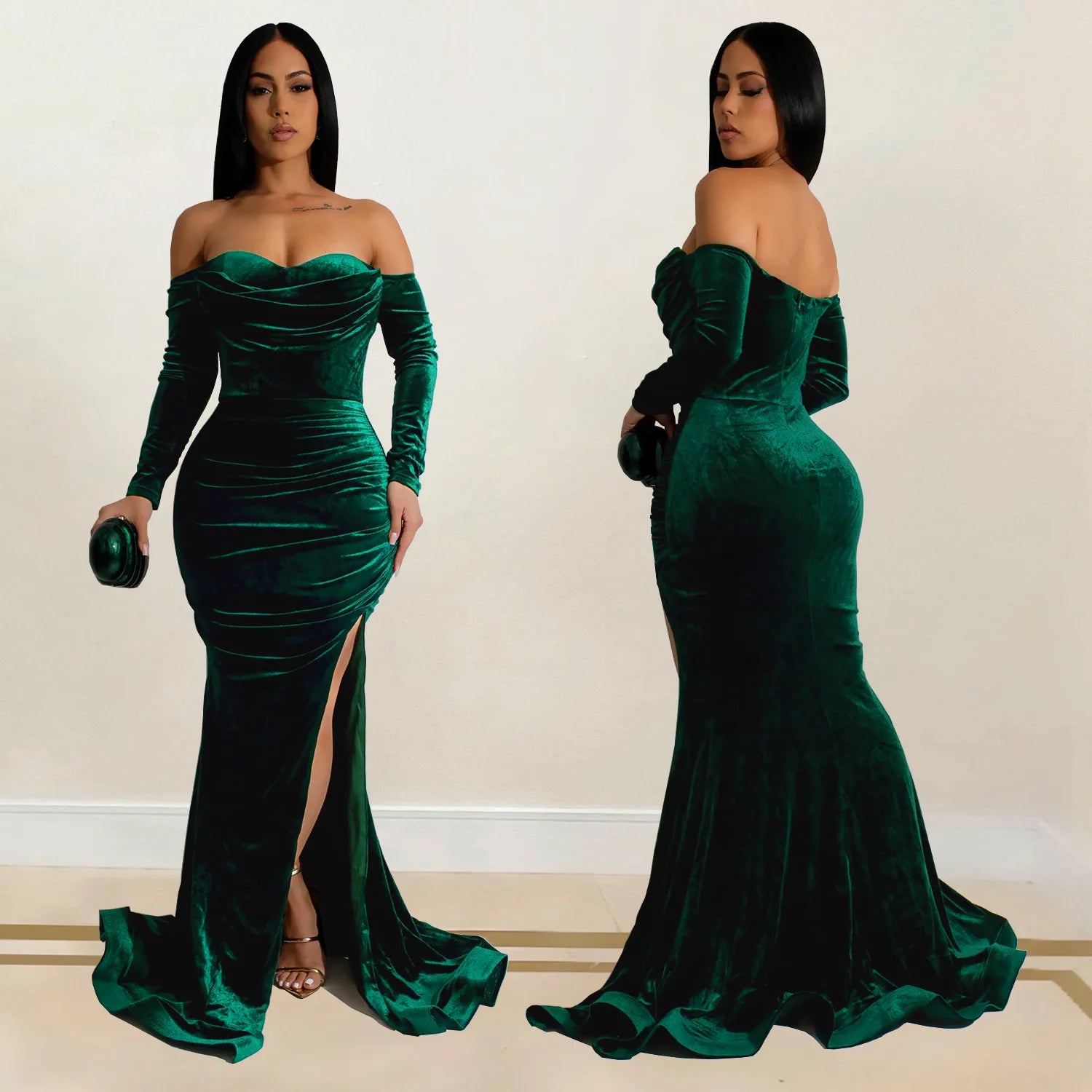 Velvet Off Shoulder Bodycon Maxi Dress.