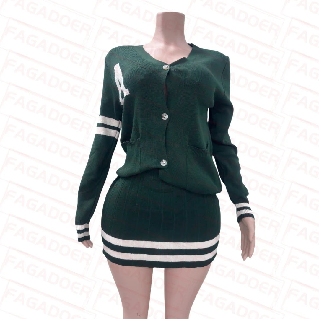 Knit Stripe Two-Piece Cardigan Top and Pleated Skirt Set.