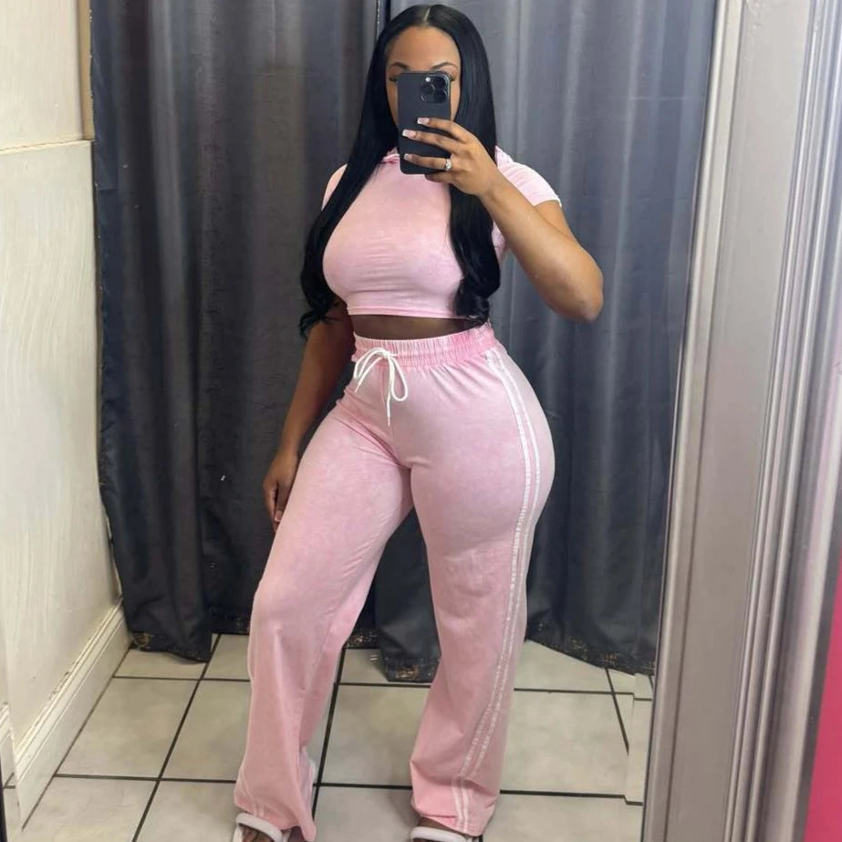 Cute and Comfy Two-Piece Stripe Crop Top and Pants Set.