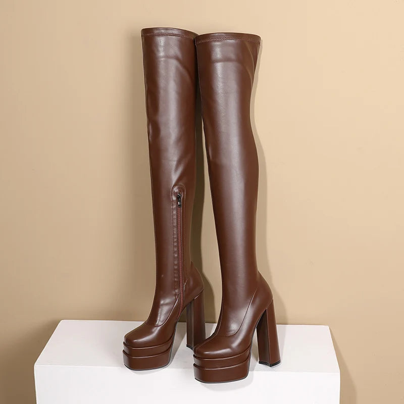 Square Toe Platform Over the Knee Heel Boots