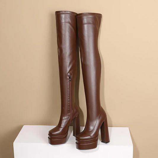 Square Toe Platform Over the Knee Heel Boots