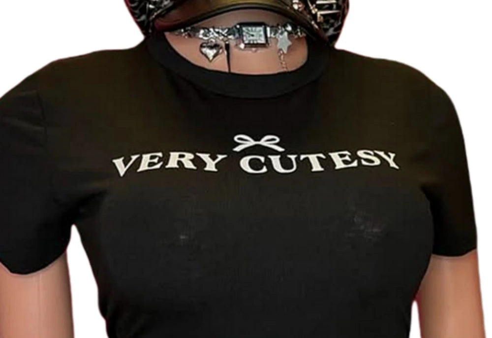 Black t-shirt with 'VERY CUTESY' text on a mannequin against a white background