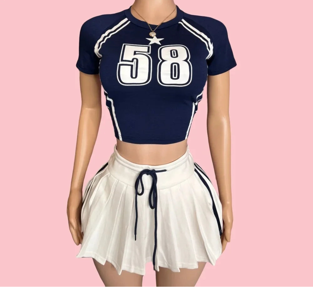 Solid Color Top Pleated Mini Skirt Set