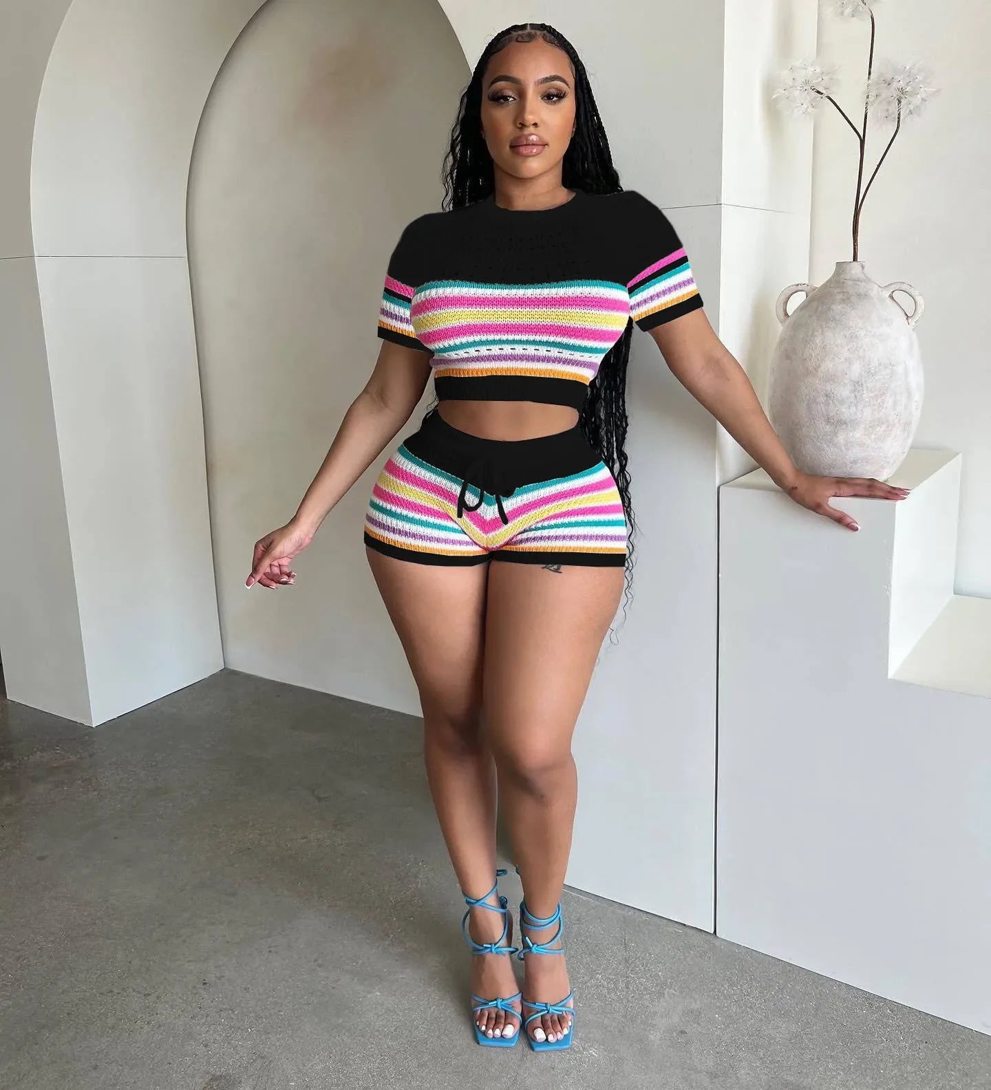 Cute Knit Striped Two-Piece Short Set