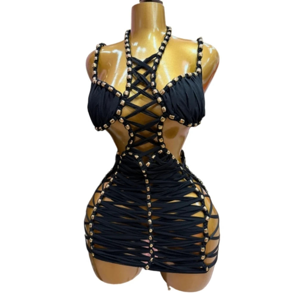 Metal Bead Detail Lace Up Cutout Bodycon Dress
