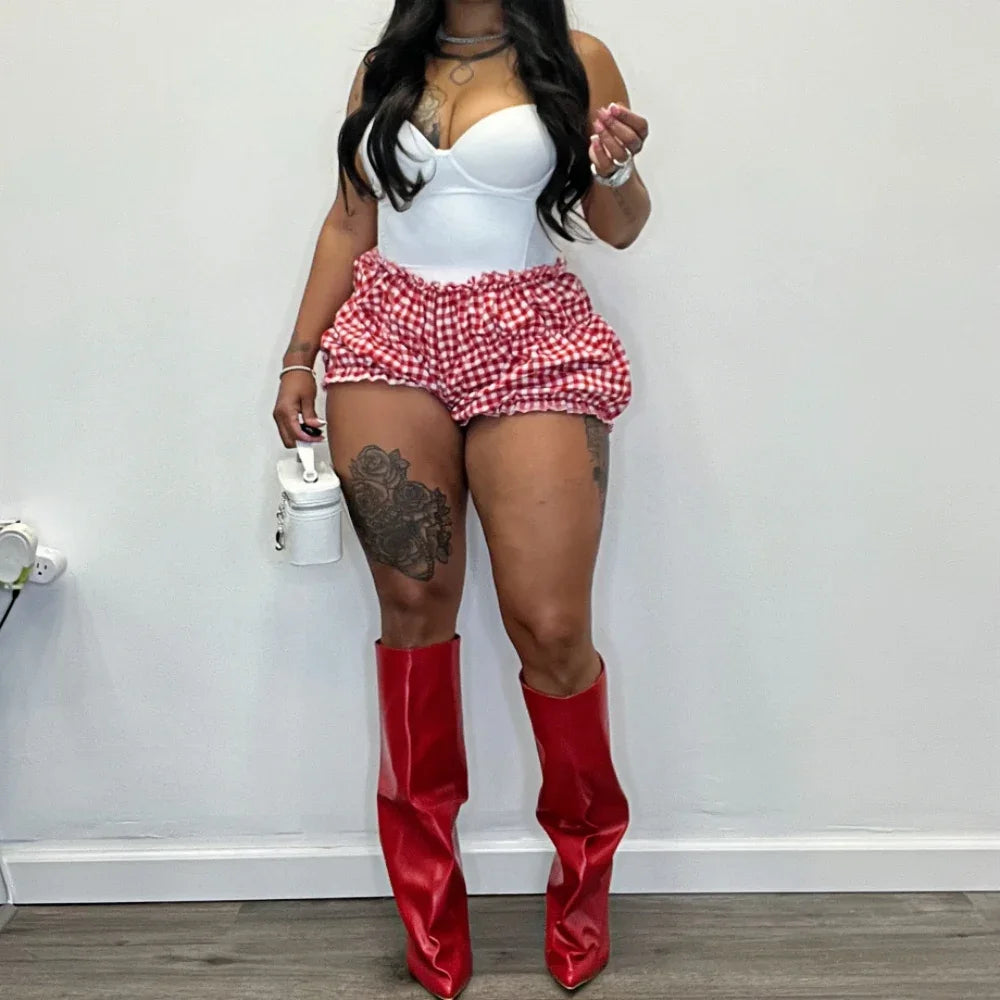 Sweet Plaid Print Ruched Shorts Two Piece-Set.