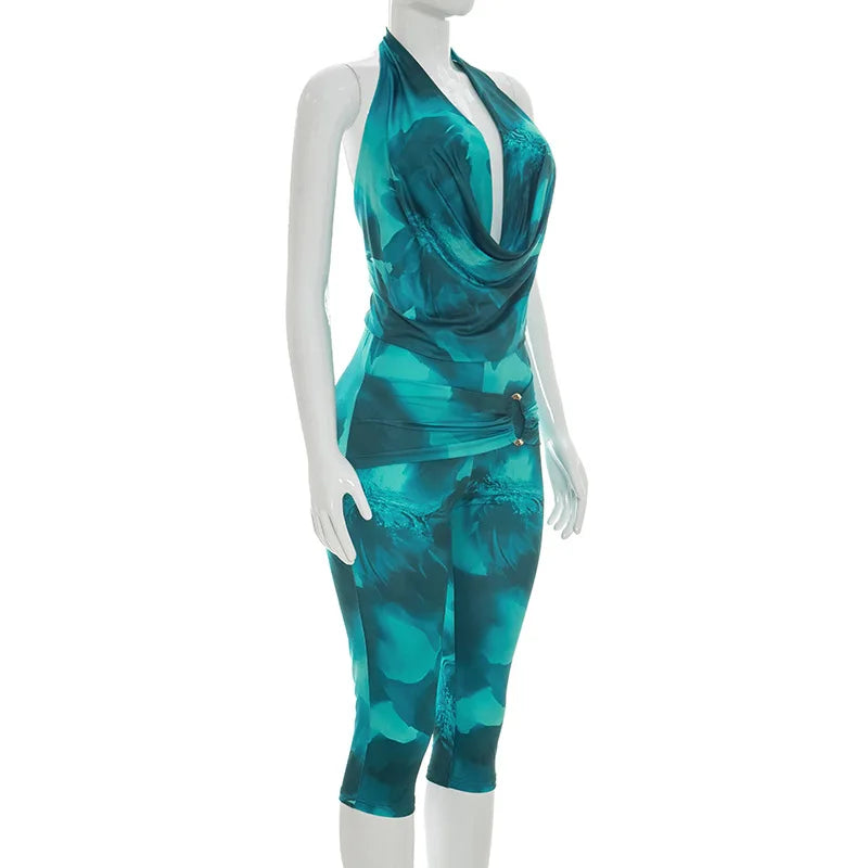Print V-Neck Halter Two-Piece Set
