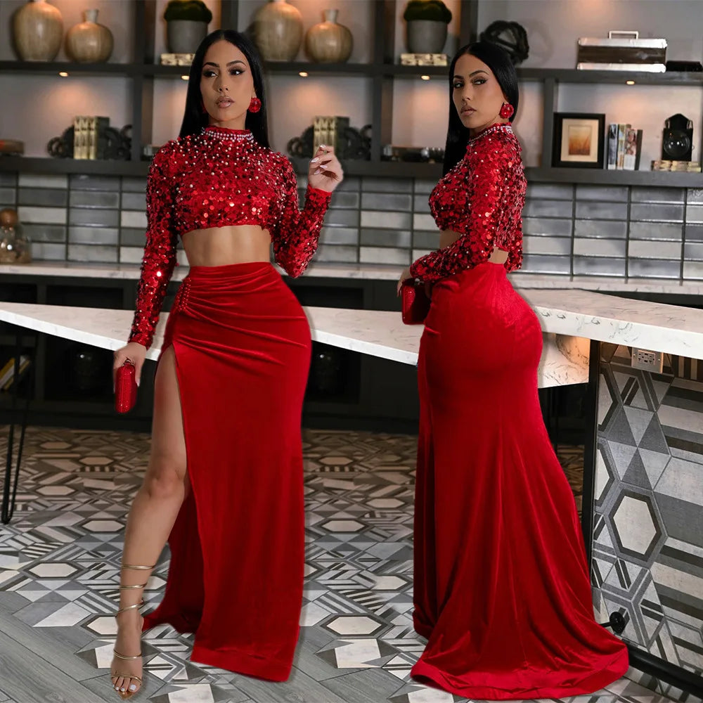 Sequin Velvet Elegant Crop Skirt Set.