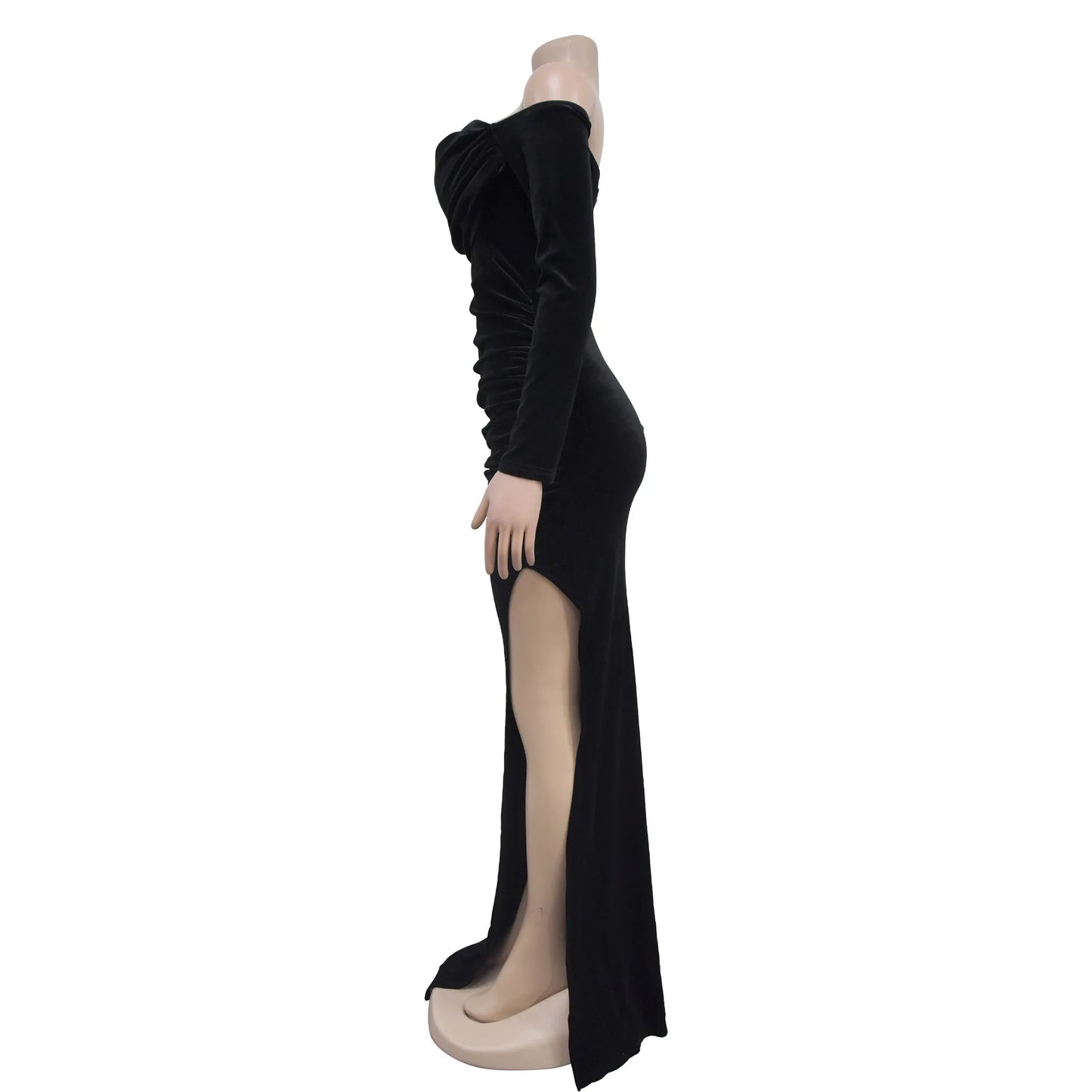 Velvet Off Shoulder Bodycon Maxi Dress.