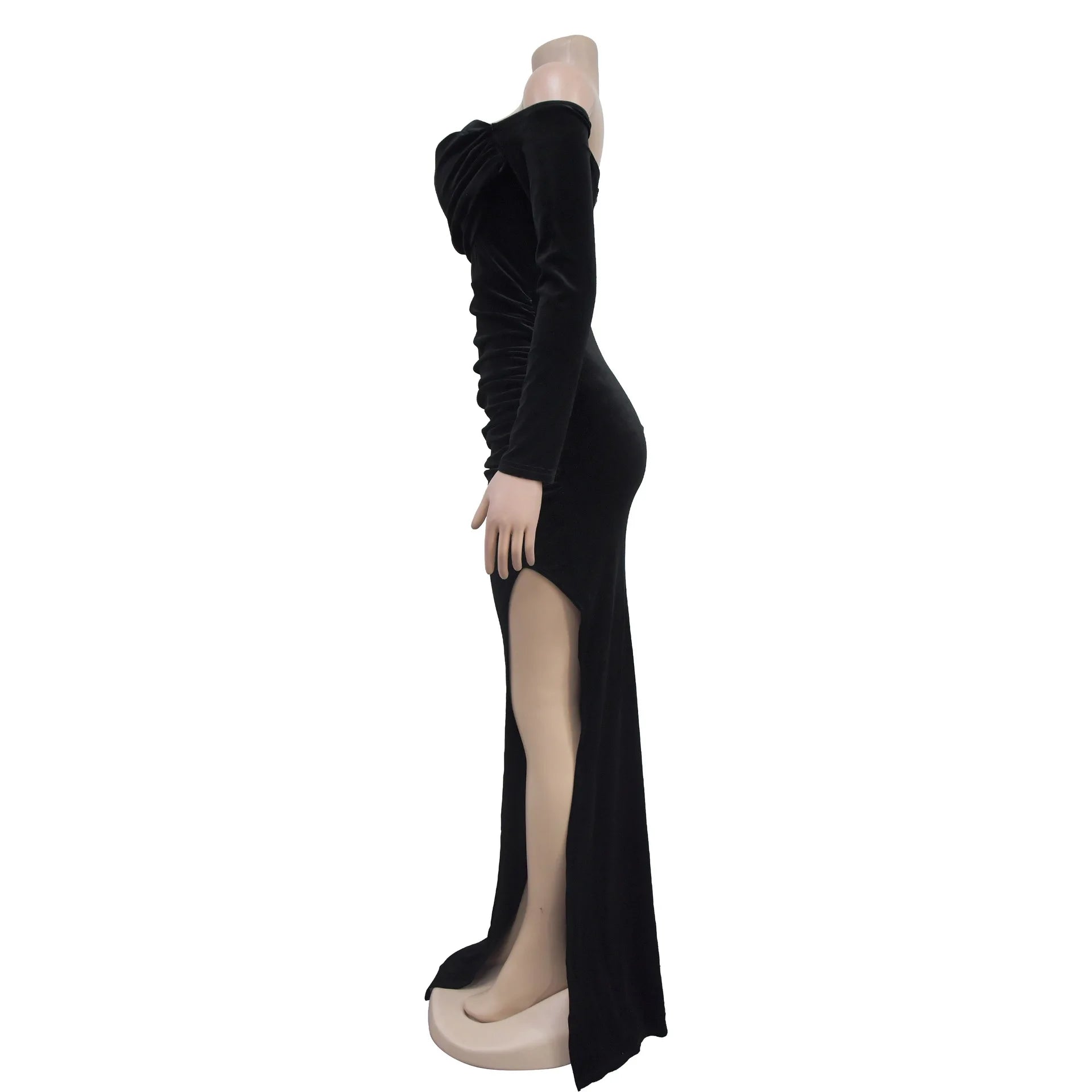Velvet Off Shoulder Bodycon Maxi Dress.
