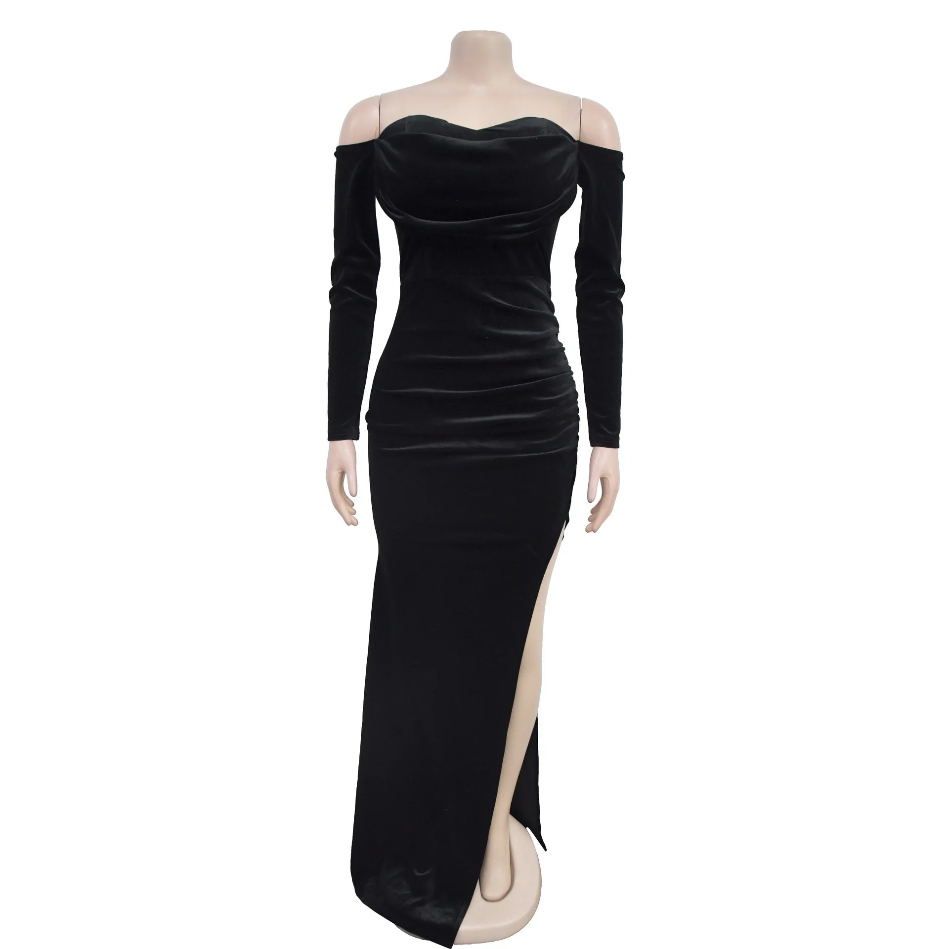 Velvet Off Shoulder Bodycon Maxi Dress.
