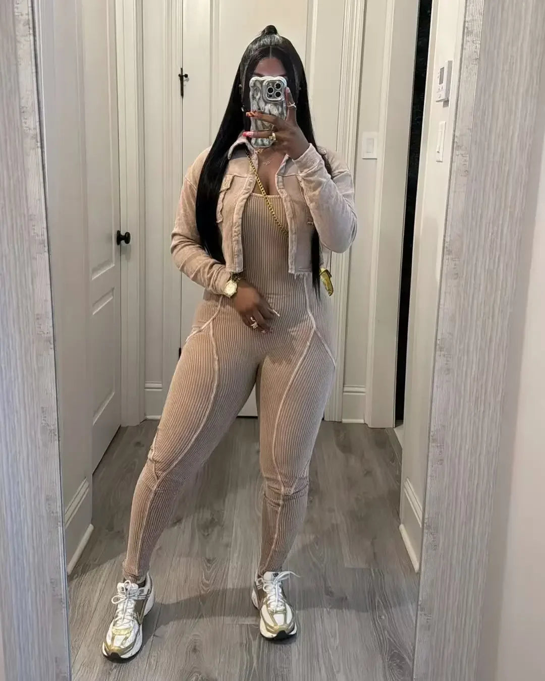Ribbed Long Sleeve Crop Jacket + Bodycon Jumpsuit.