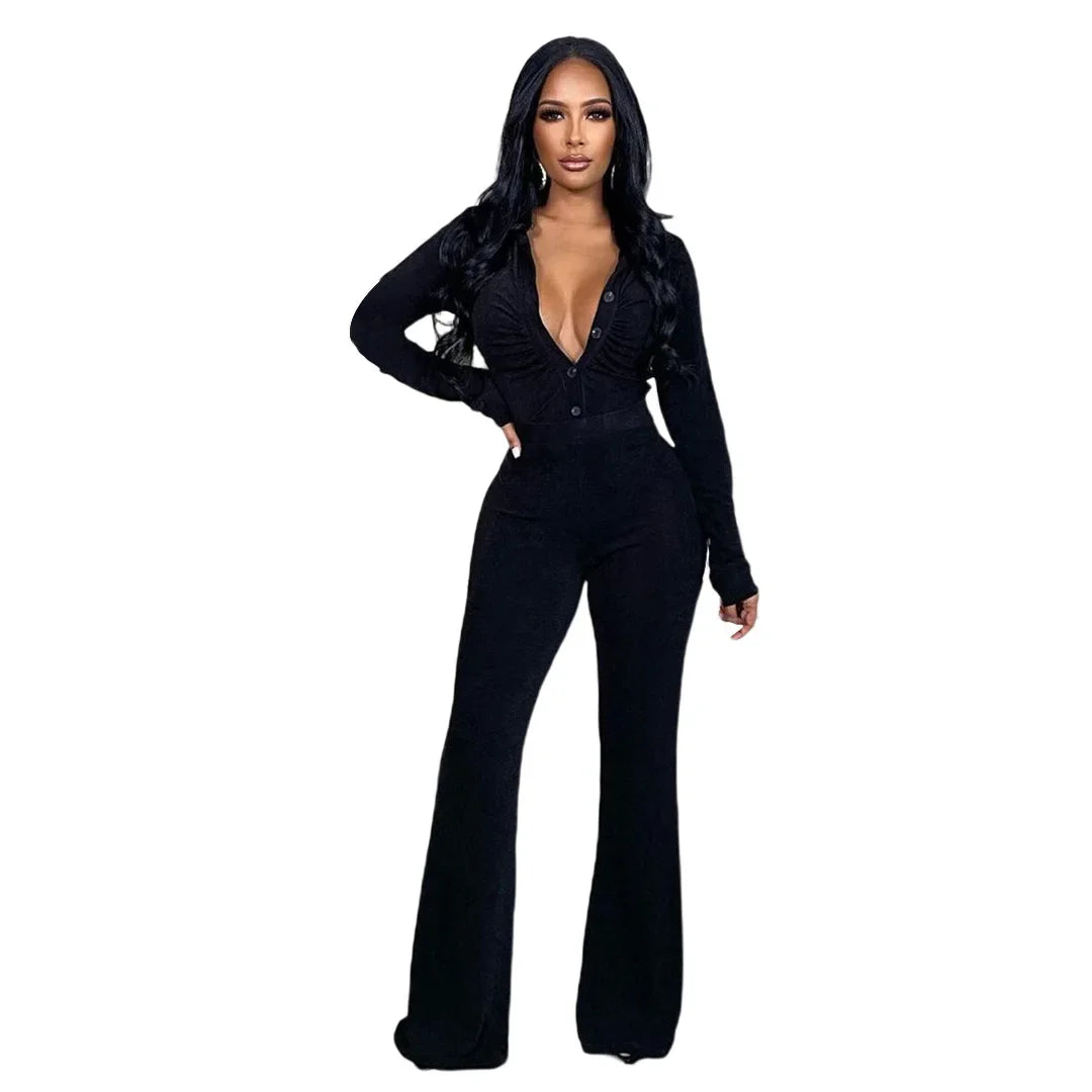 Ruche Button Crop Top and Flare Pants Set
