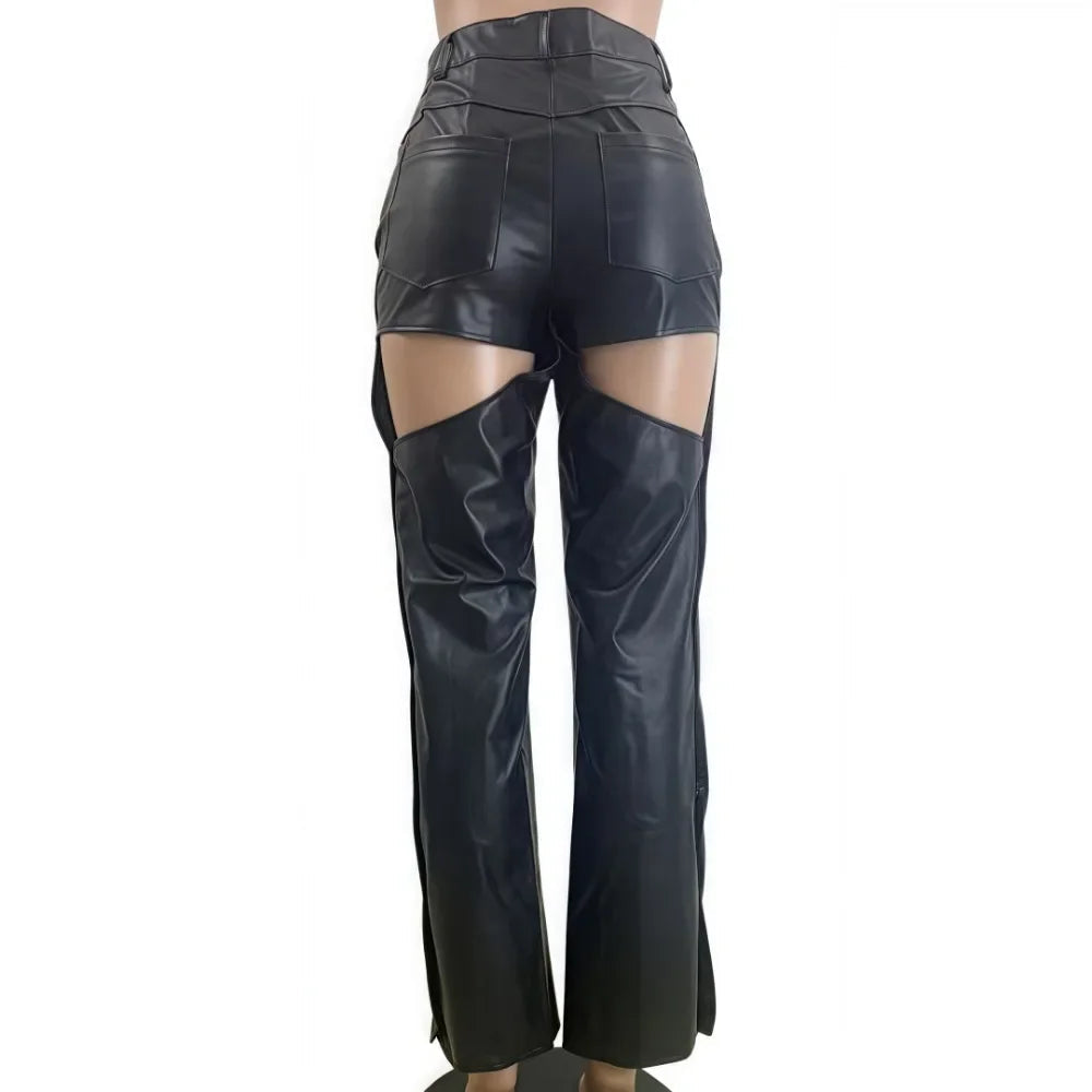 Black leather pants with cut-out design on a white background, featuring the brand bouija