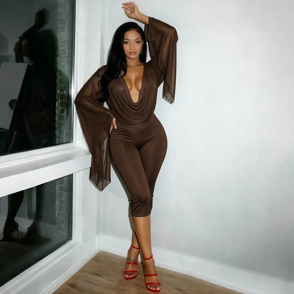 Mesh V-Neck Flare Sleeve Two-piece Set
