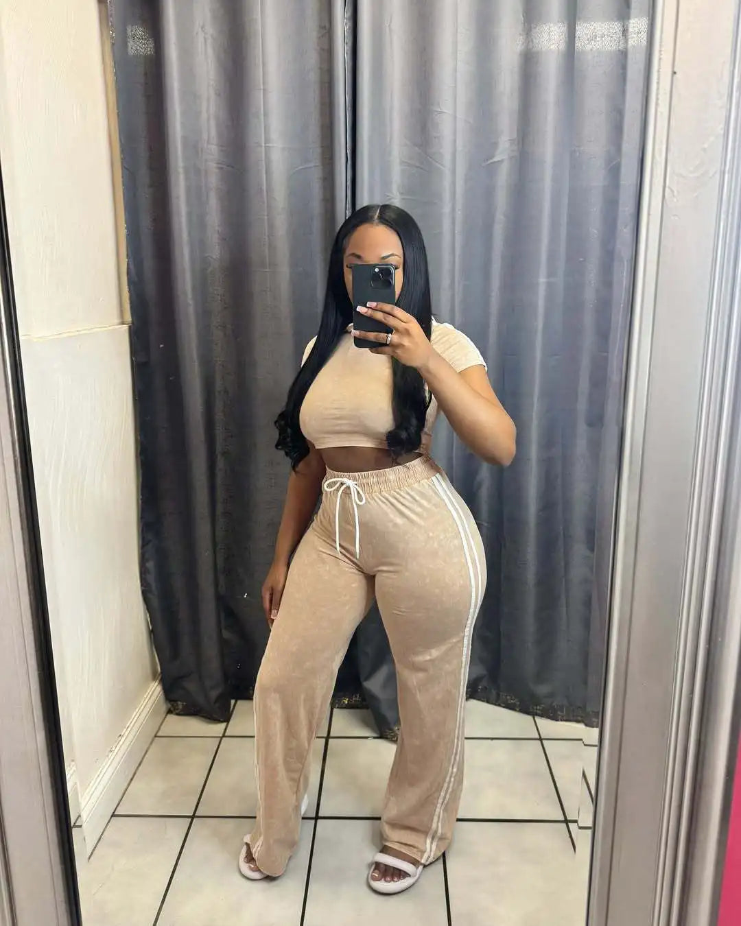 Cute and Comfy Two-Piece Stripe Crop Top and Pants Set.