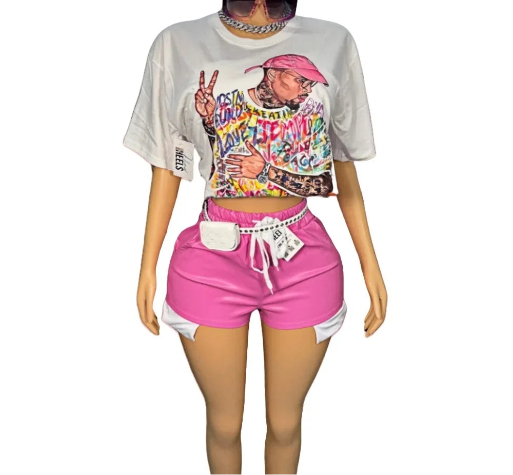 Avatar Print Loose Shirt and Drawstring Leather Shorts