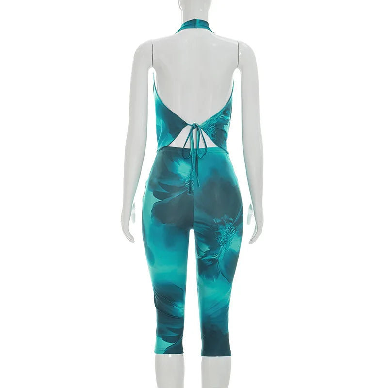 Print V-Neck Halter Two-Piece Set