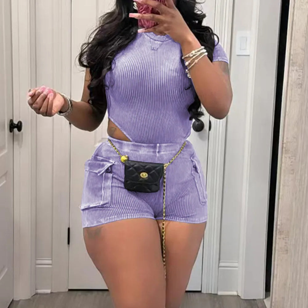 Stretchy Bodysuit Pockets Short Set