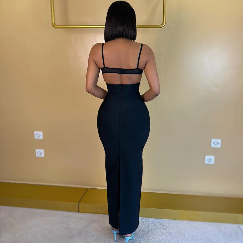 Mesh Strap Back Slit Dress