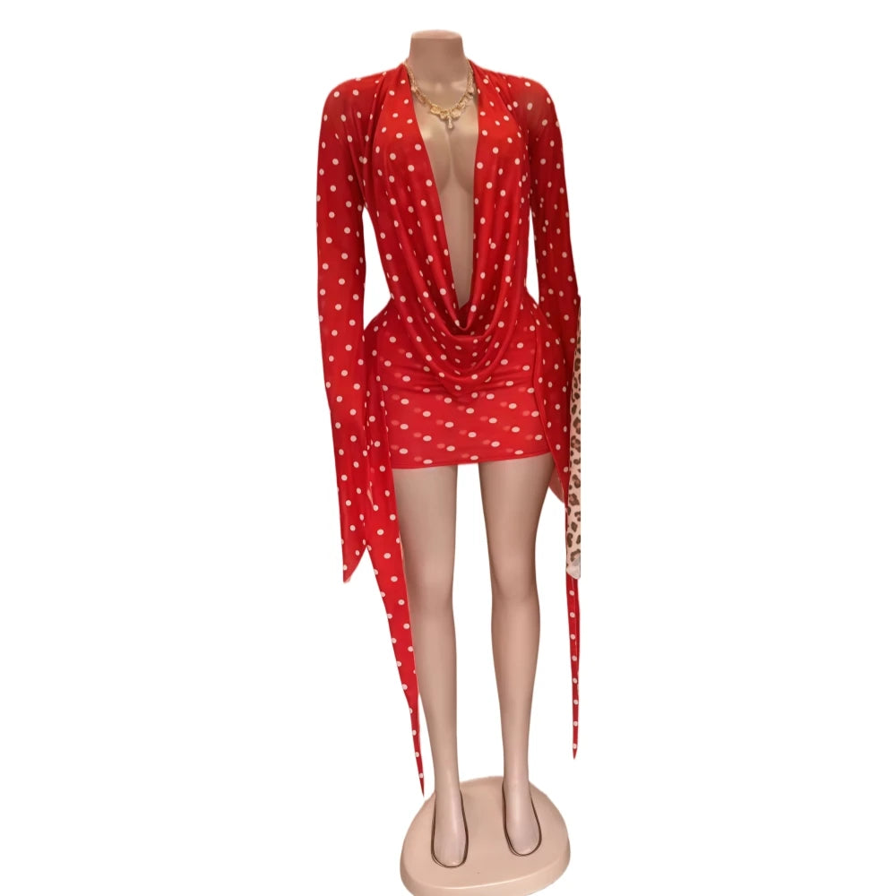 Polka Dot V-neck Batwing Dress