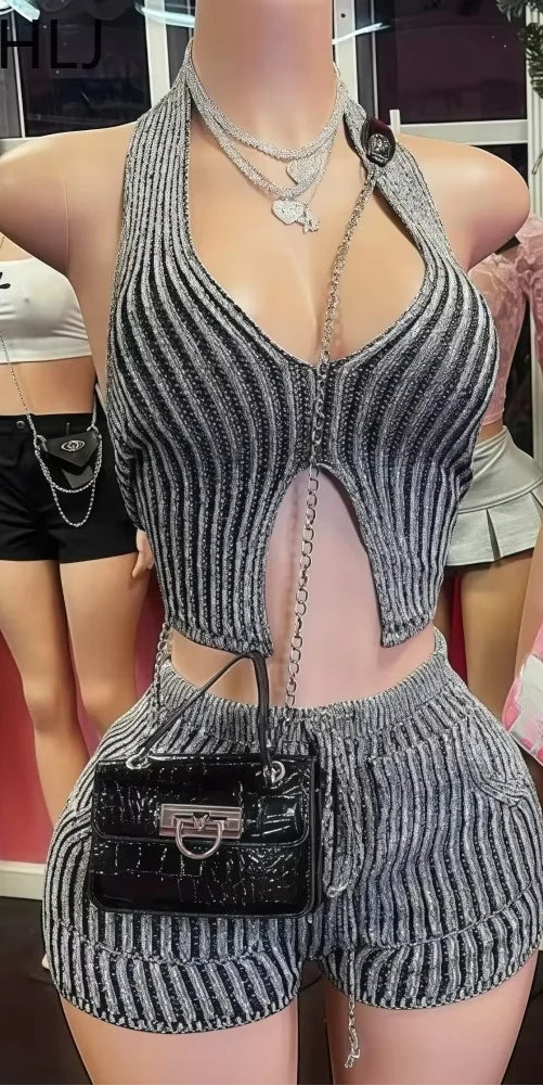 Ribbed Halter Backless Bodycon Short Set