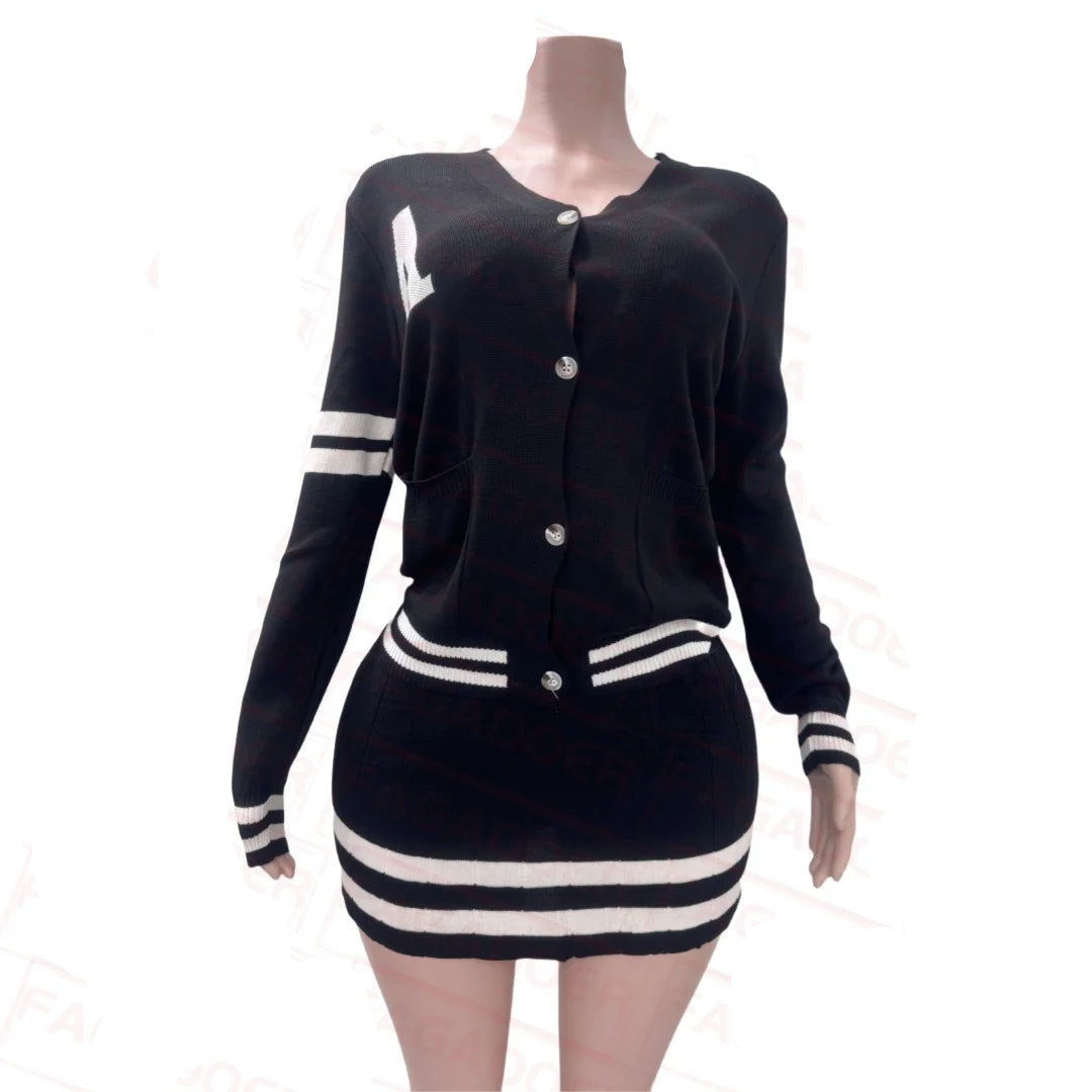 Knit Stripe Two-Piece Cardigan Top and Pleated Skirt Set.