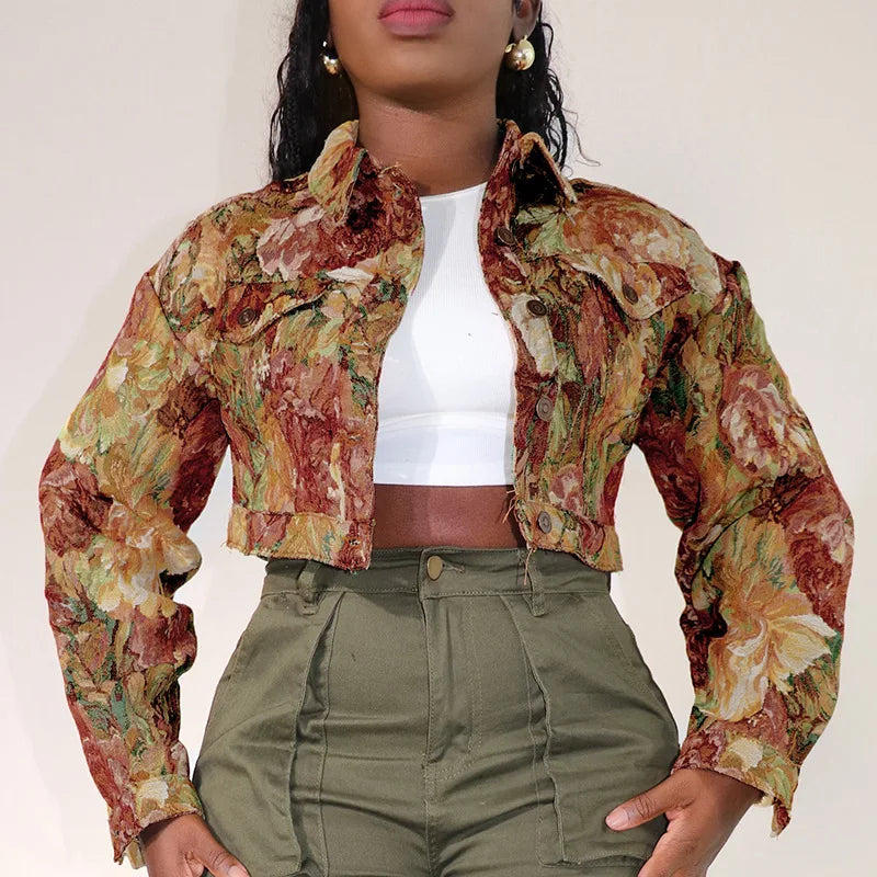 Vintage Floral Print Crop Jacket