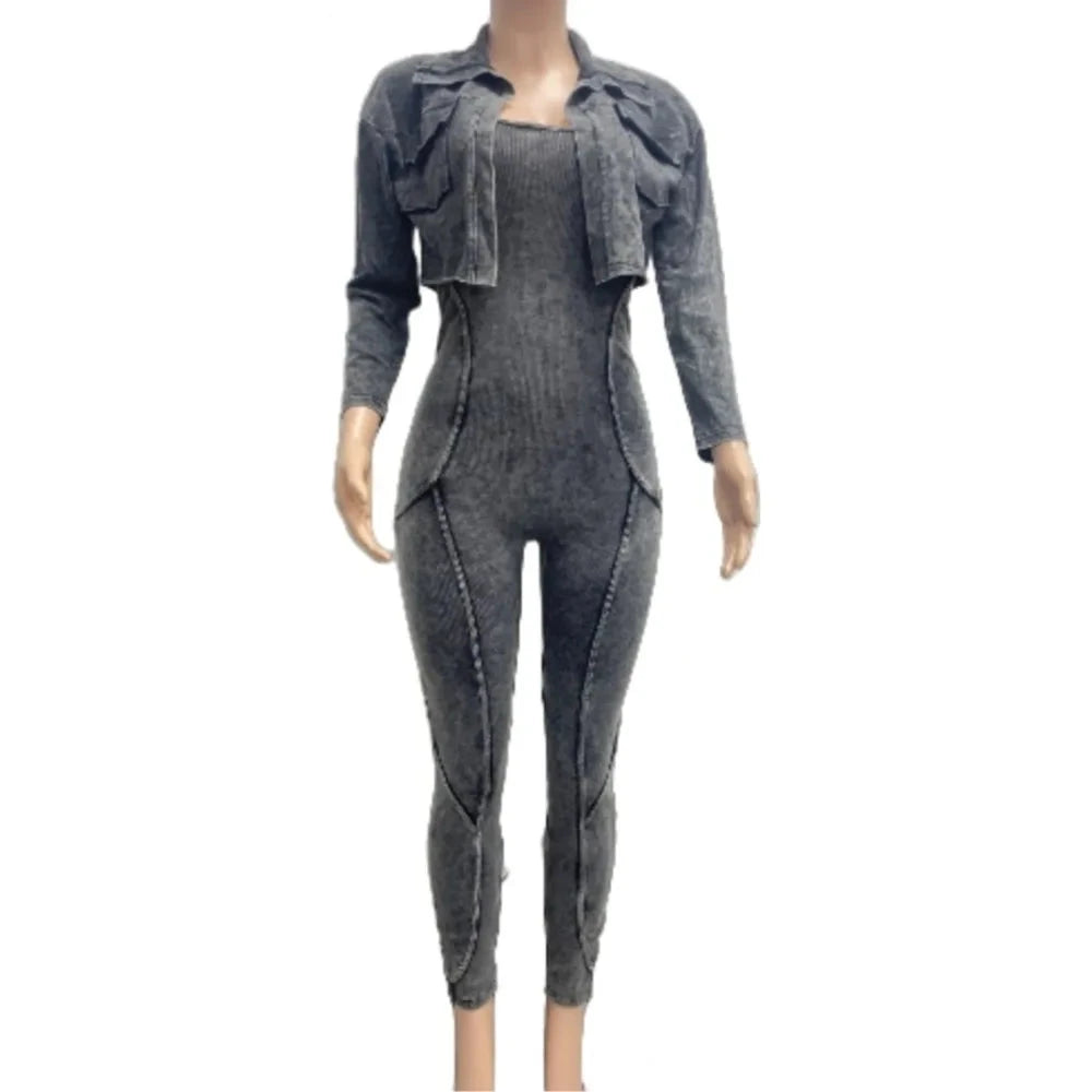 Ribbed Long Sleeve Crop Jacket + Bodycon Jumpsuit.