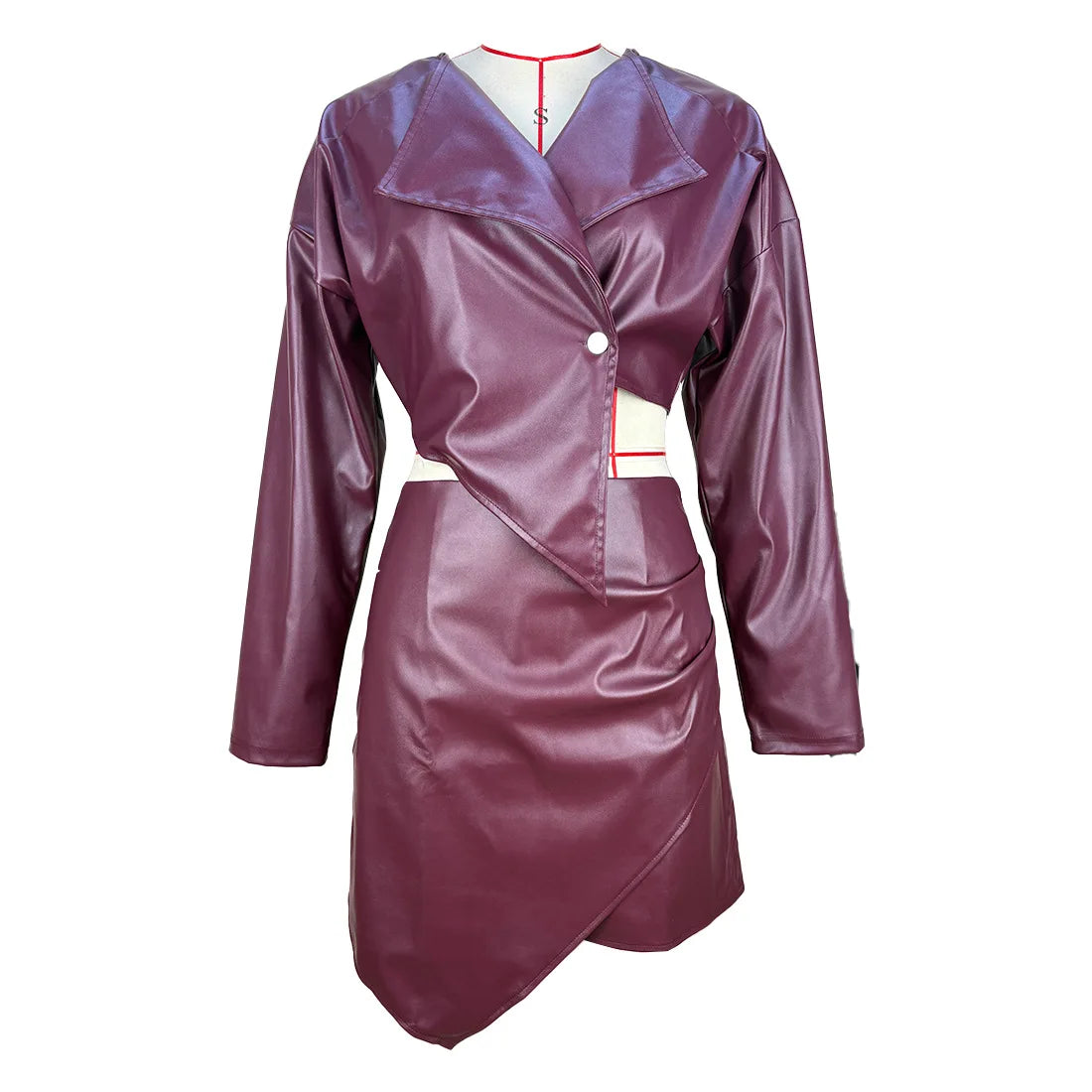 Solid Leather V Collar Bodycon Skirt Set