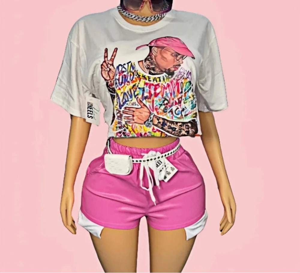 Avatar Print Loose Shirt and Drawstring Leather Shorts