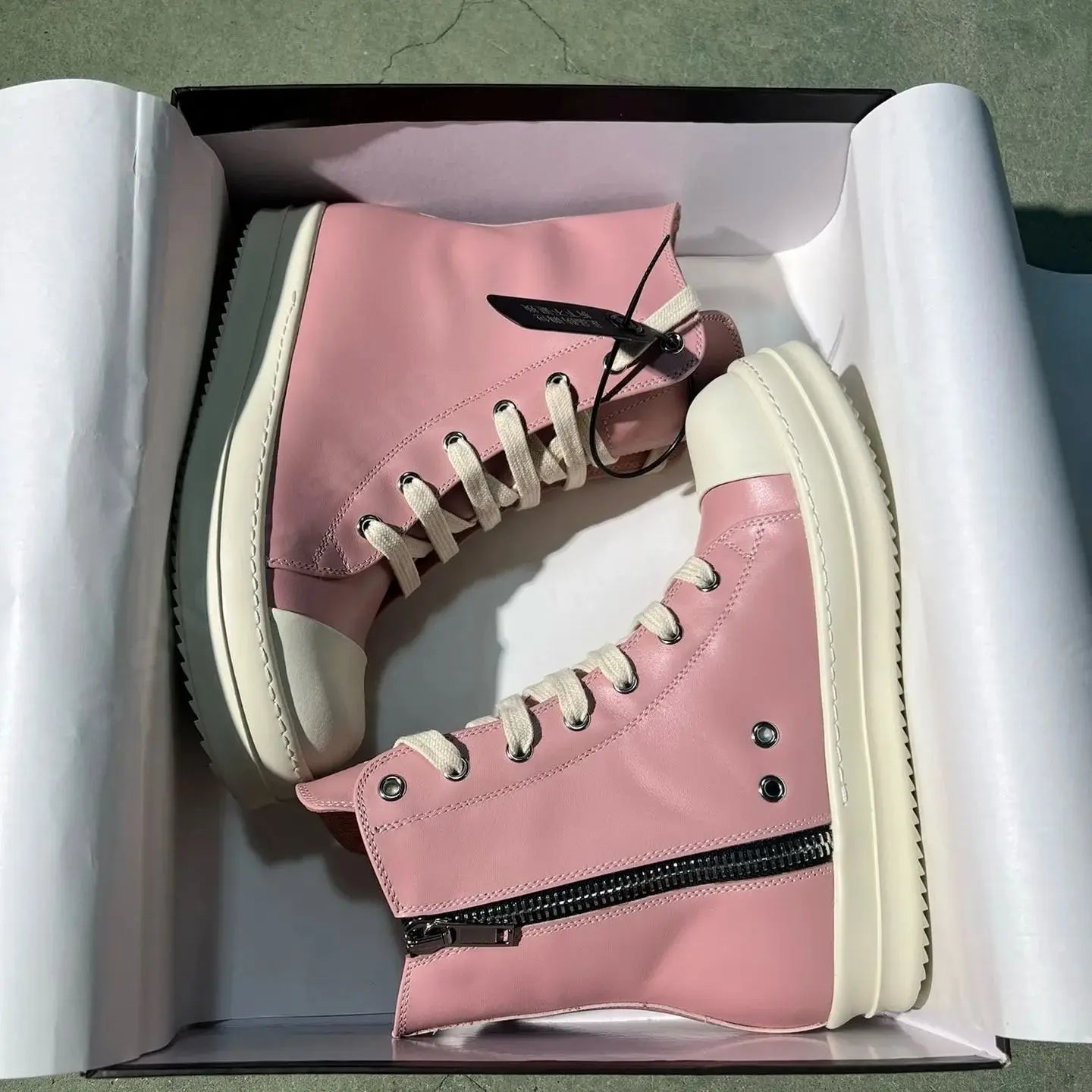 High Top Luxury Leather Lace Up Zip Sneaker.