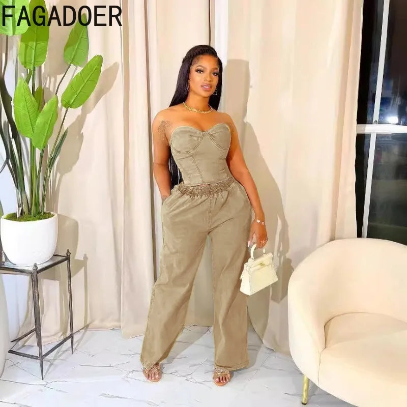 Des Backless Top and Wide Leg Jeans Set