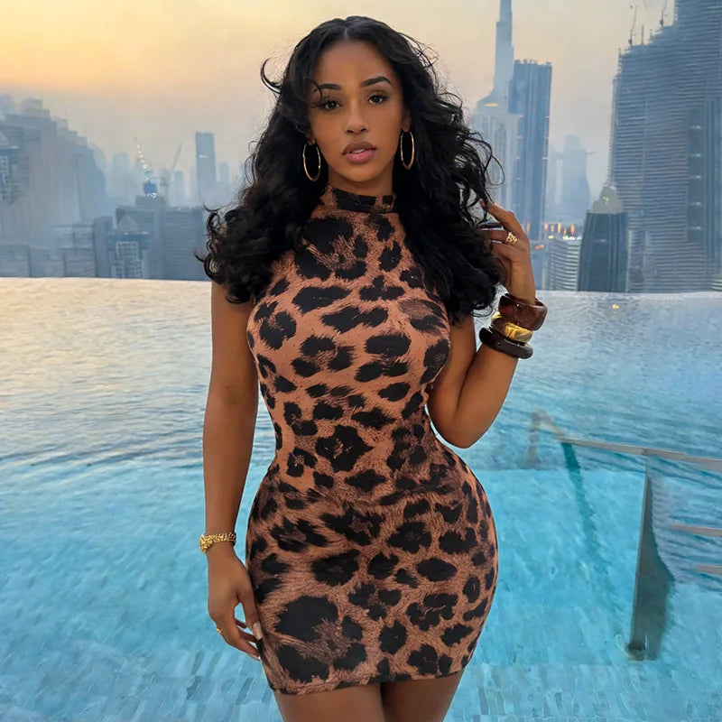 Leopard Print Halter Bodycon Mini Dress