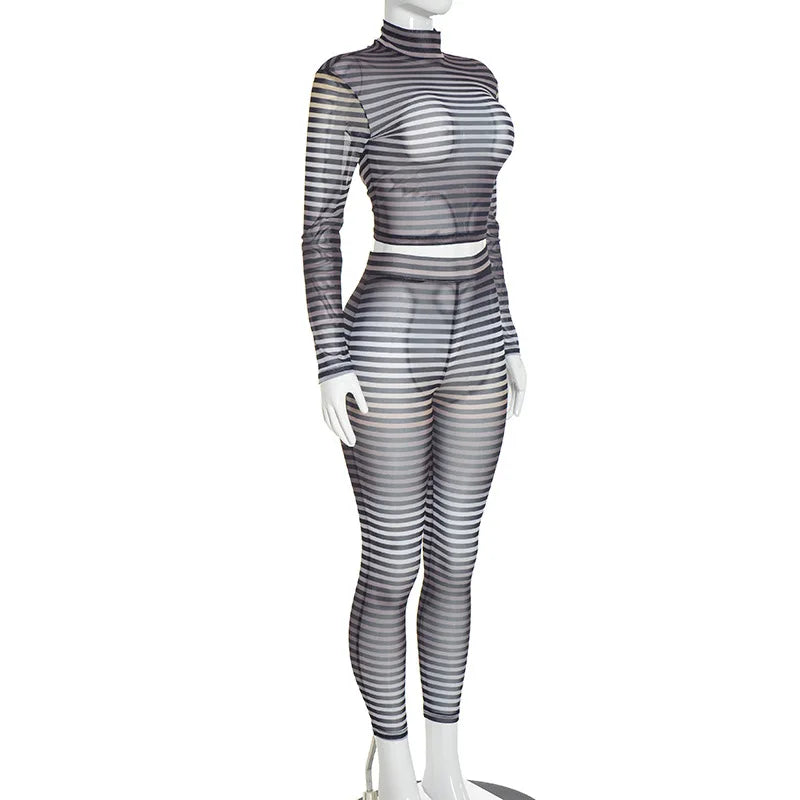 Striped Mesh See Through Bodycon Set