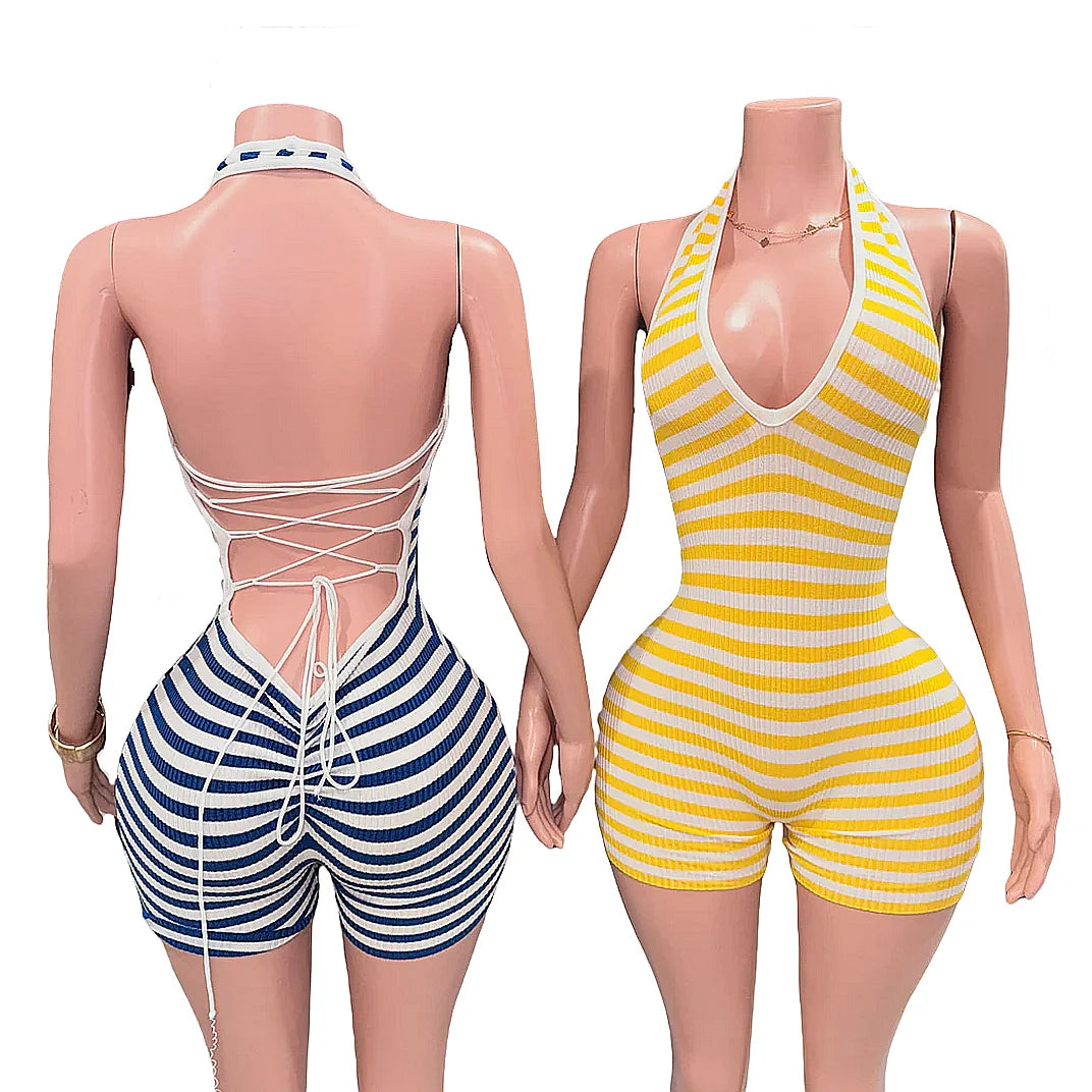 Striped Bodycon Halter Romper