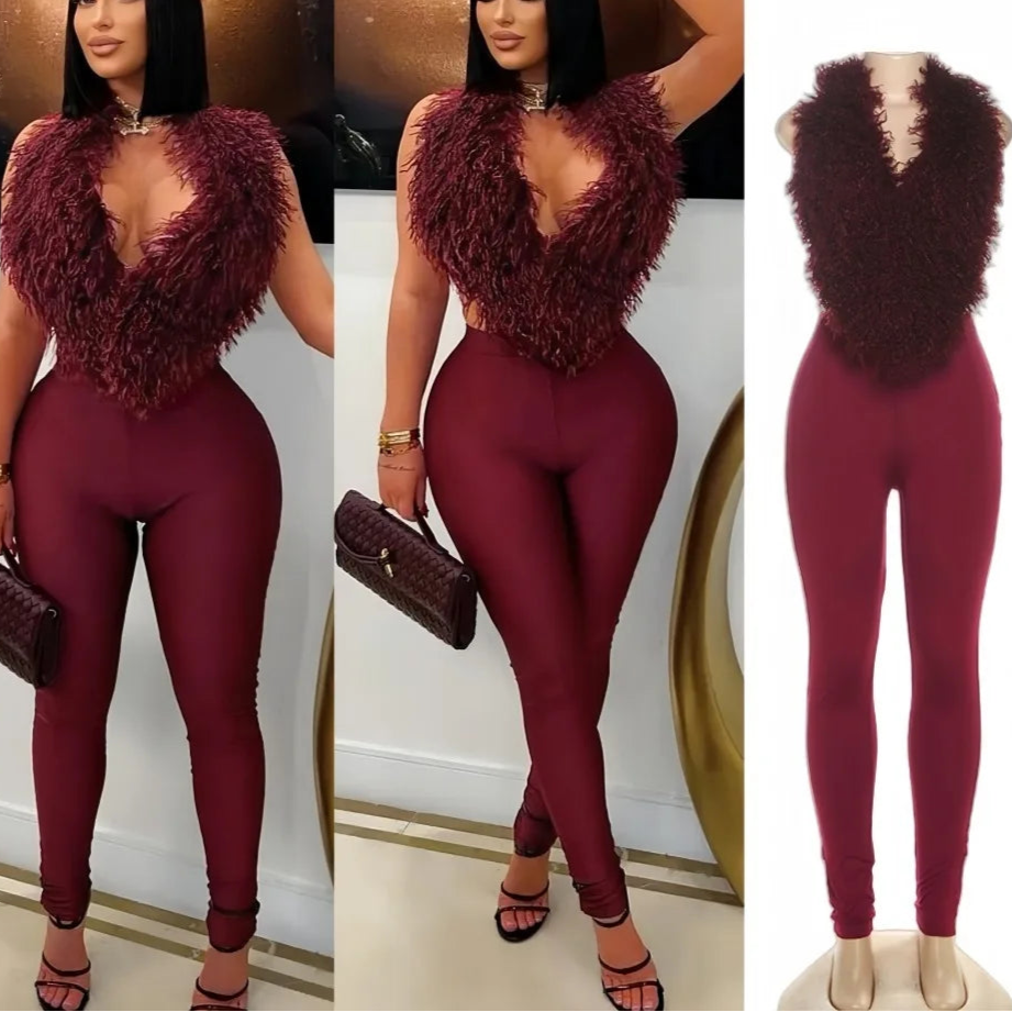 Burgundy jumpsuit with fur collar worn by a model, displayed on a mannequin, and close-up of fur detail.