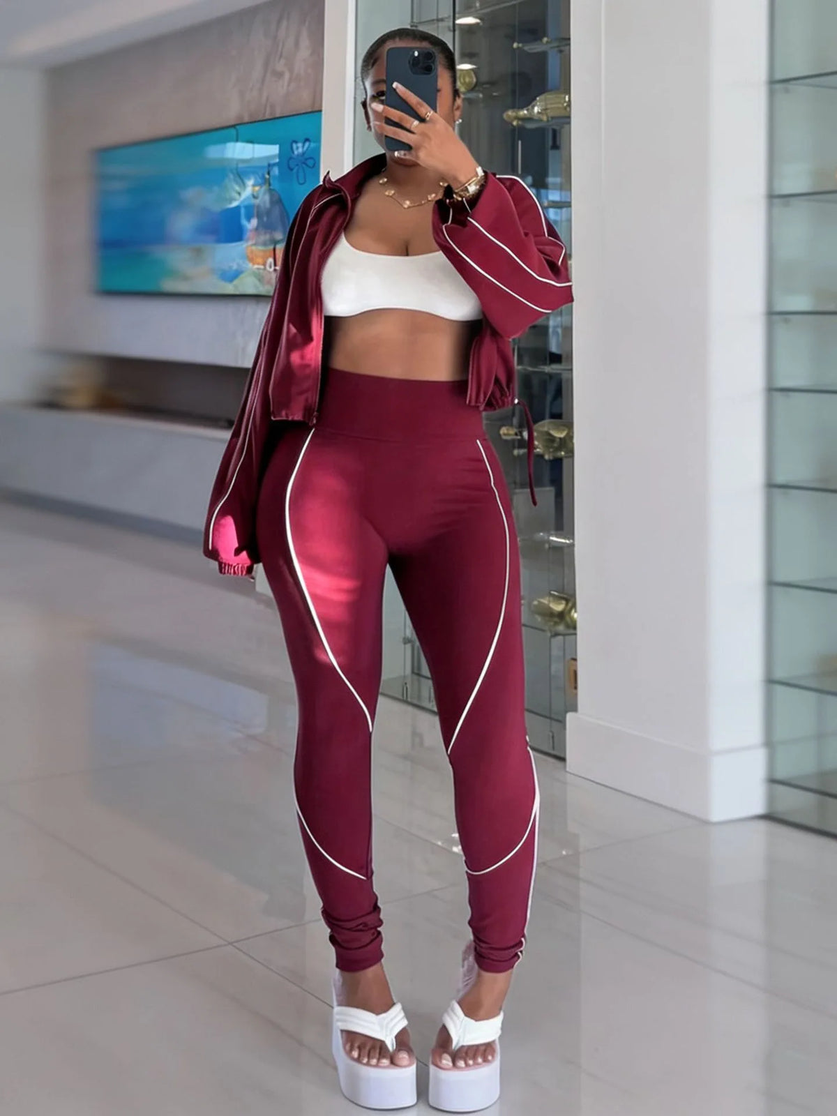 Cropped Zip Jacket and High Waist Leggings Sport Set