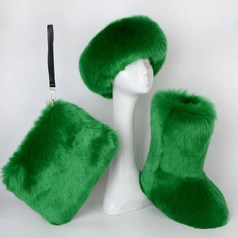 Fox Fur Snow Boots Headband and Handbag Set