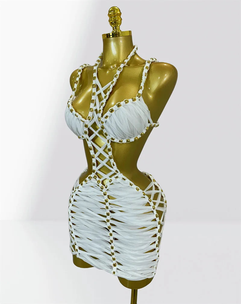 Metal Bead Detail Lace Up Cutout Bodycon Dress